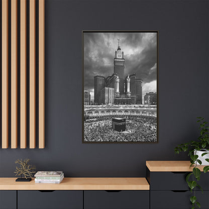 Black & White Makkah Clock Tower & Kaaba – Framed Canvas