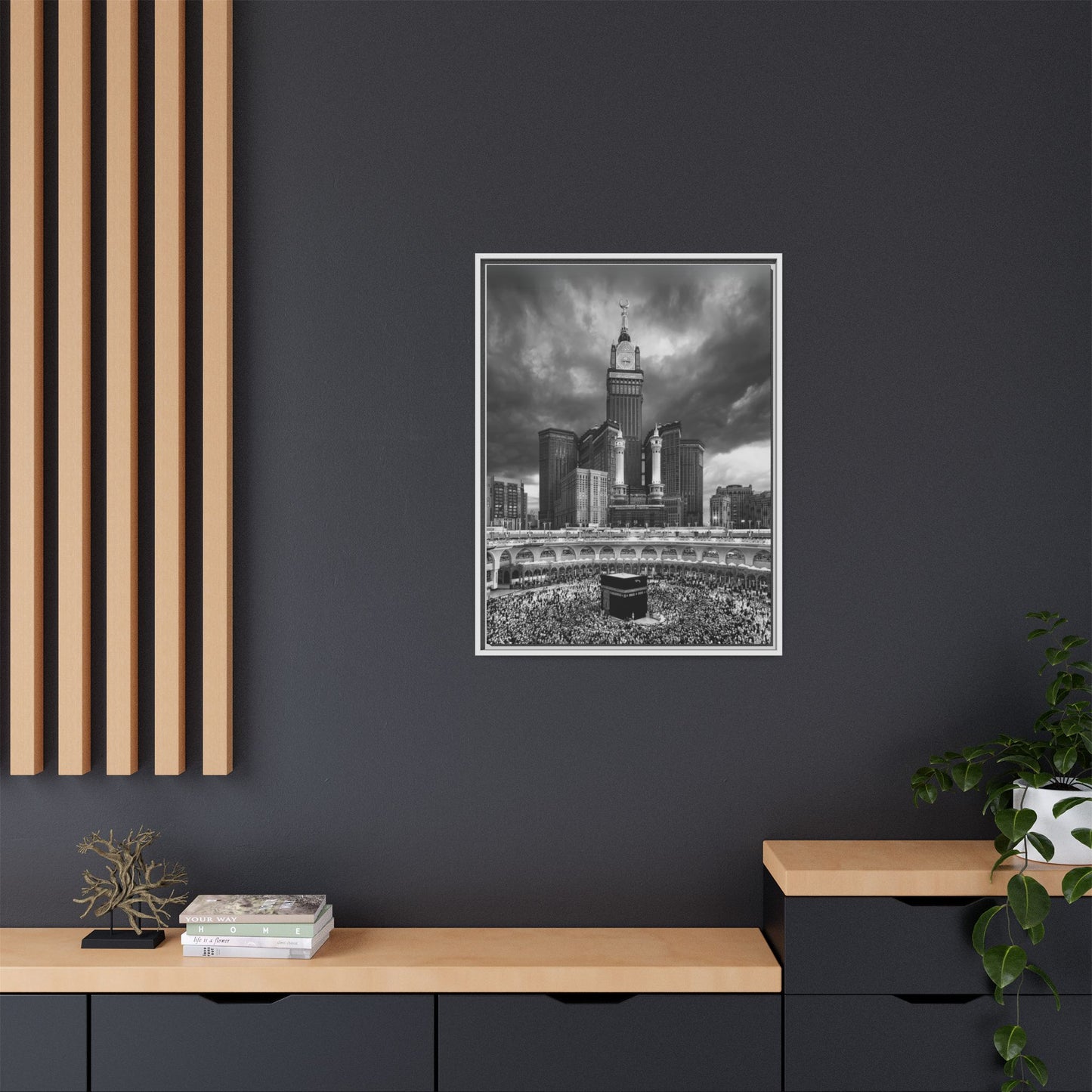 Black & White Makkah Clock Tower & Kaaba – Framed Canvas