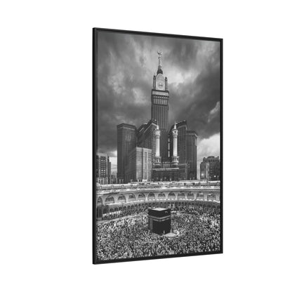 Black & White Makkah Clock Tower & Kaaba – Framed Canvas