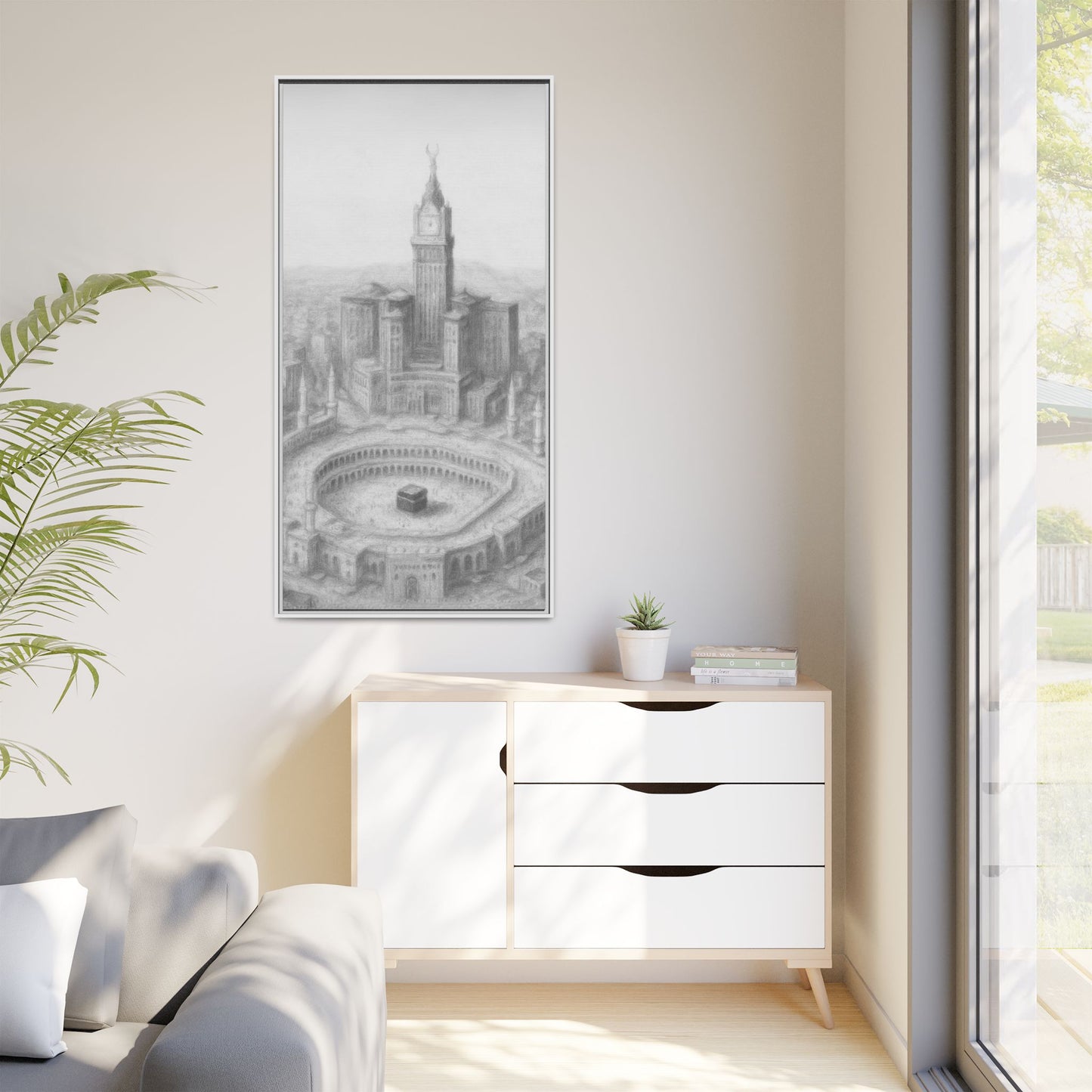 Black & White Kaaba & Clock Tower Drawing – Framed Canvas