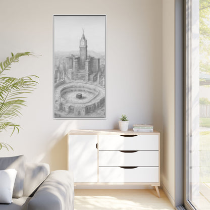 Black & White Kaaba & Clock Tower Drawing – Framed Canvas