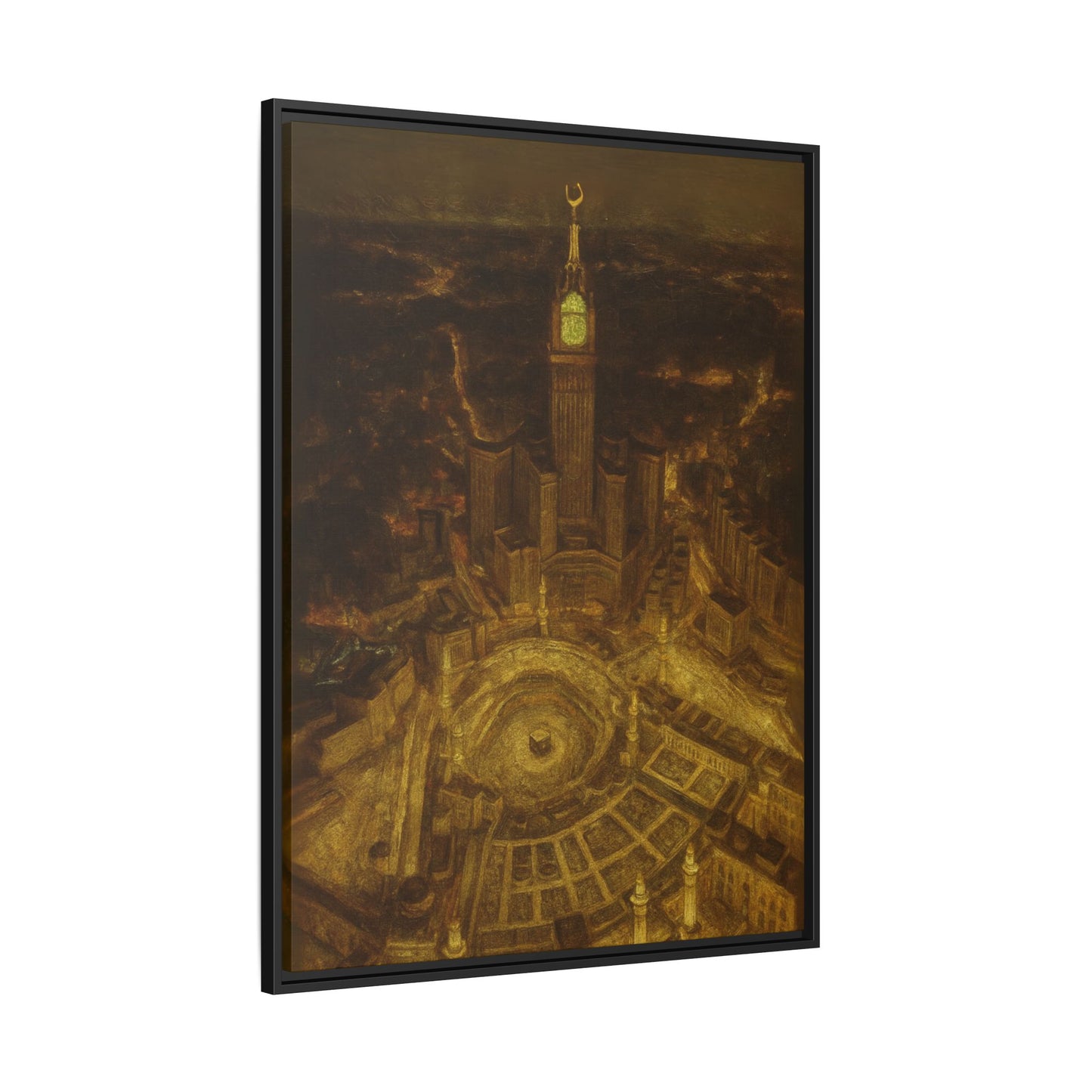 Golden Night Kaaba & Clock Tower – Aerial View Framed Canvas