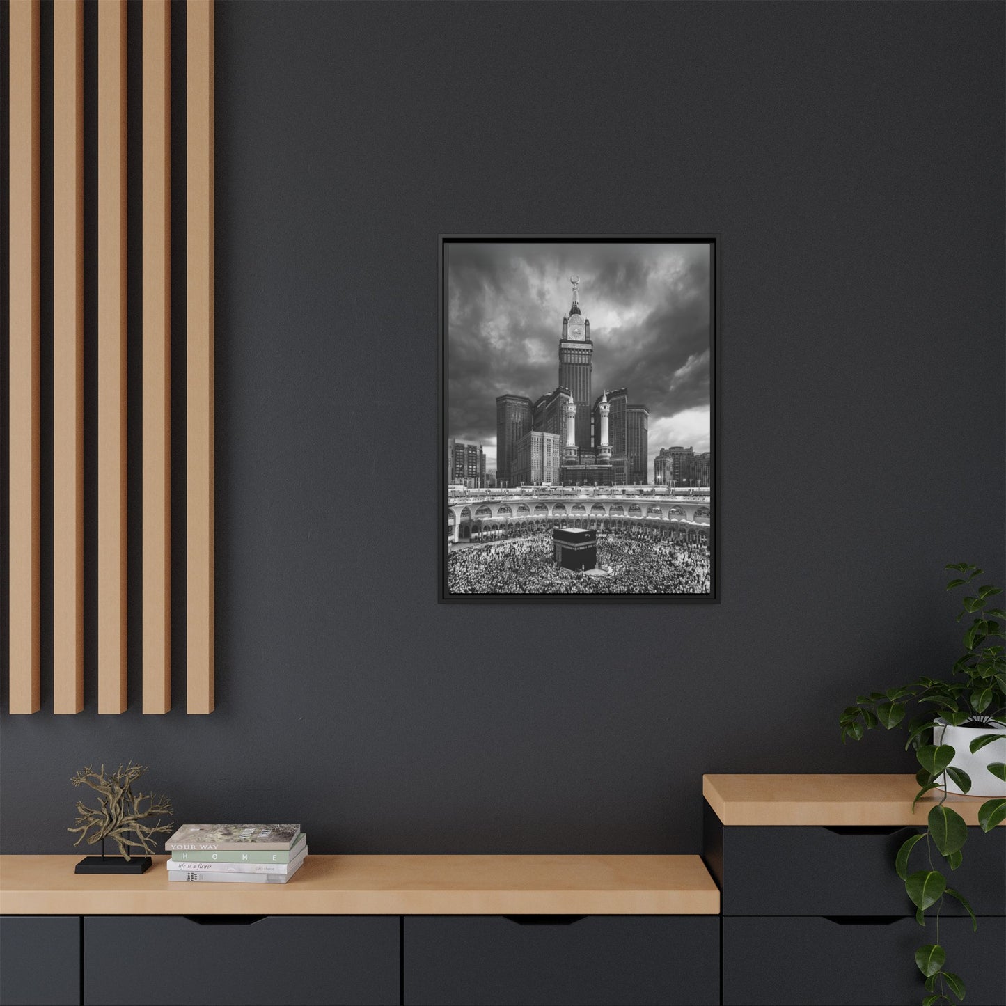 Black & White Makkah Clock Tower & Kaaba – Framed Canvas