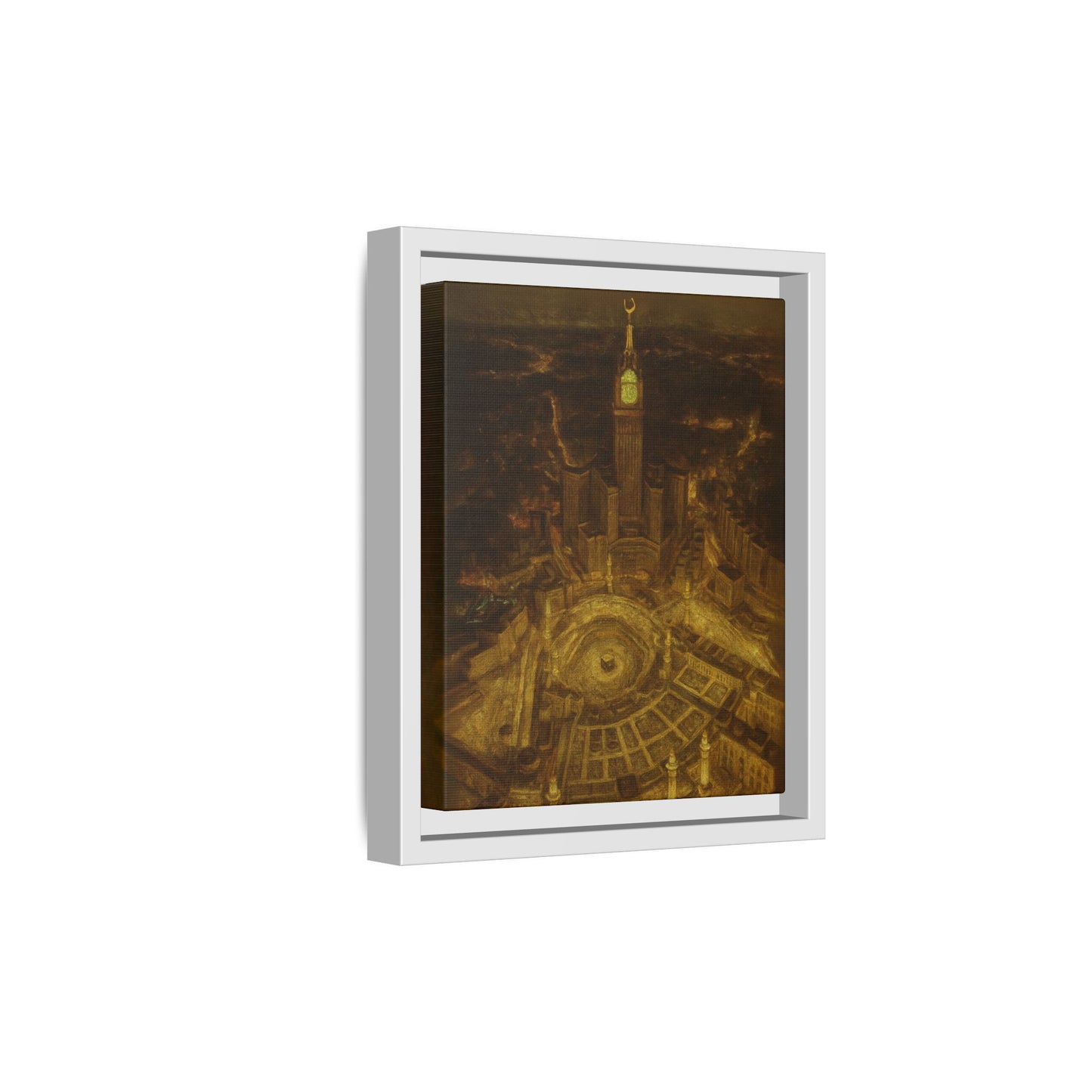 Golden Night Kaaba & Clock Tower – Aerial View Framed Canvas