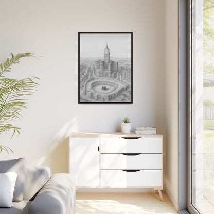 Black & White Kaaba & Clock Tower Drawing – Framed Canvas