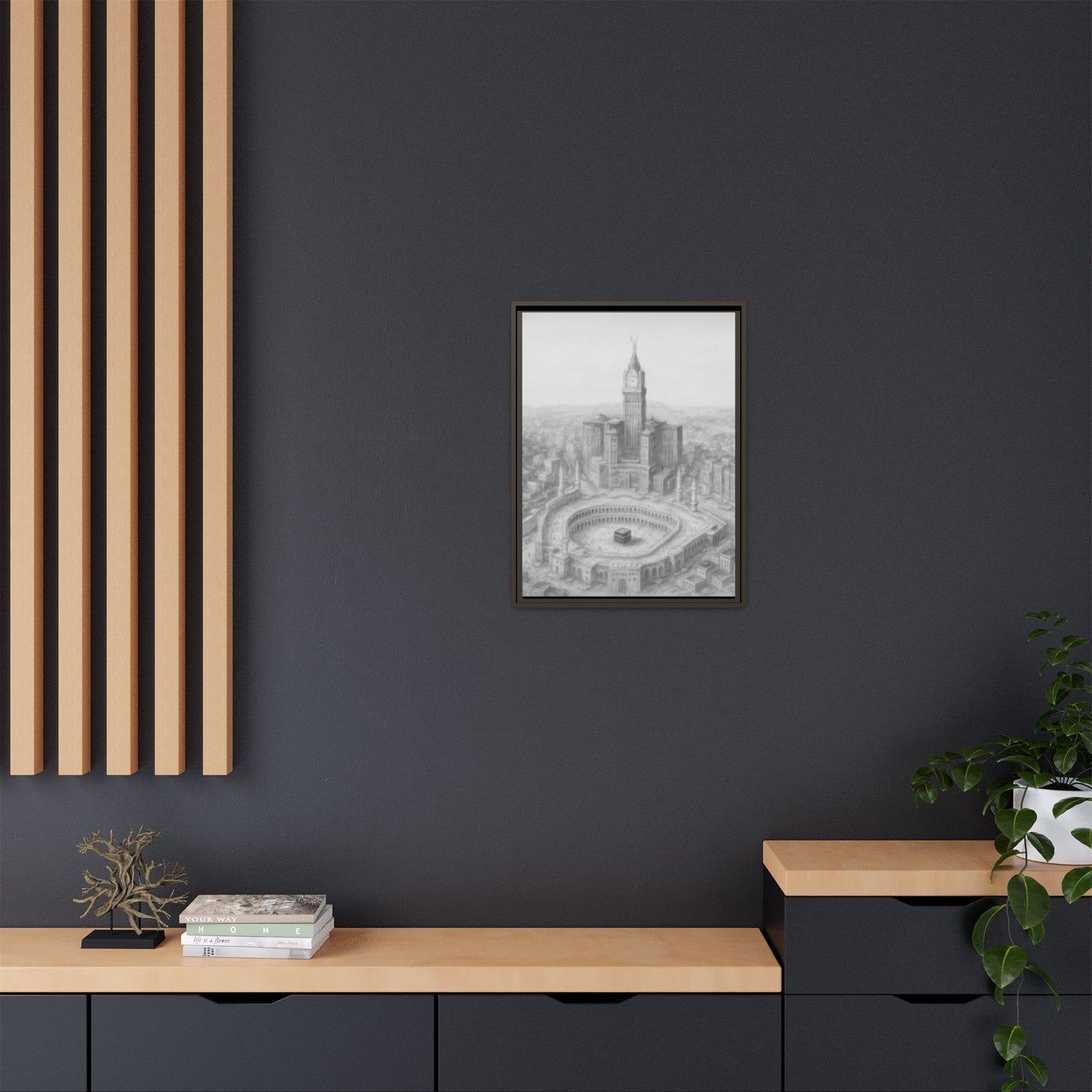Black & White Kaaba & Clock Tower Drawing – Framed Canvas