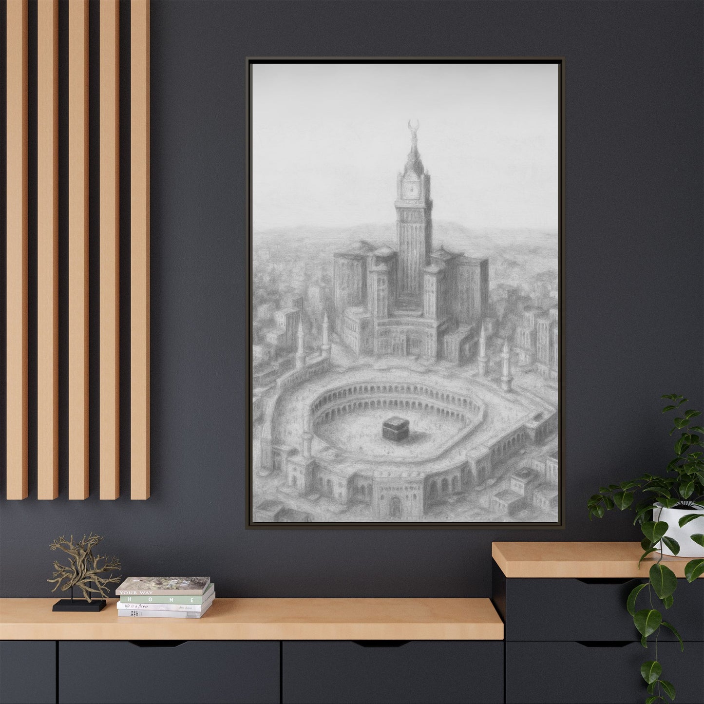 Black & White Kaaba & Clock Tower Drawing – Framed Canvas
