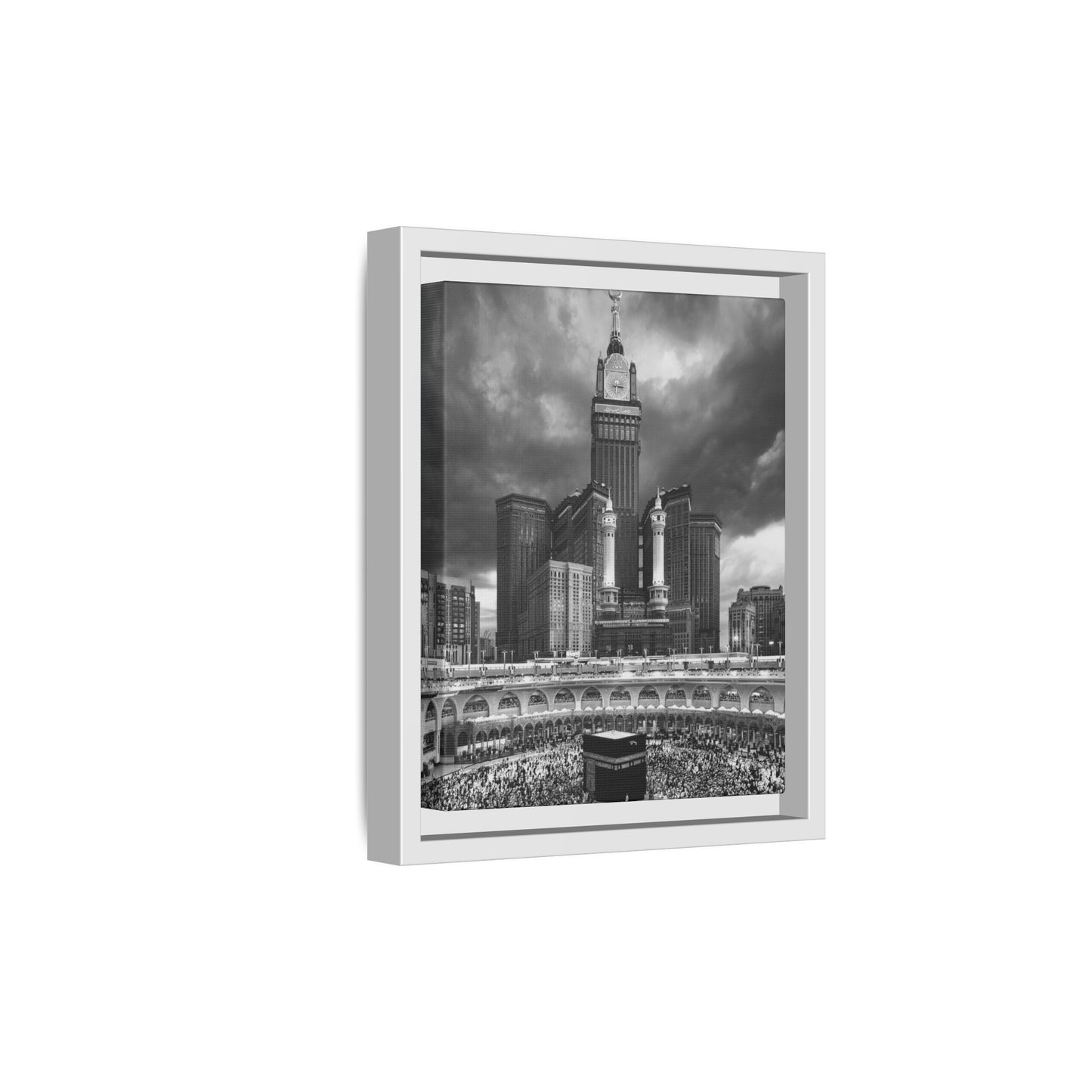 Black & White Makkah Clock Tower & Kaaba – Framed Canvas