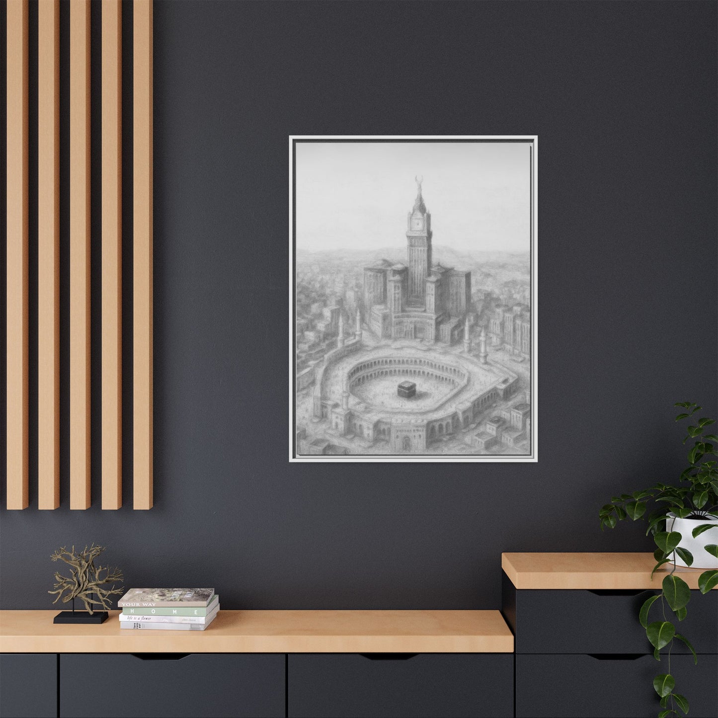 Black & White Kaaba & Clock Tower Drawing – Framed Canvas