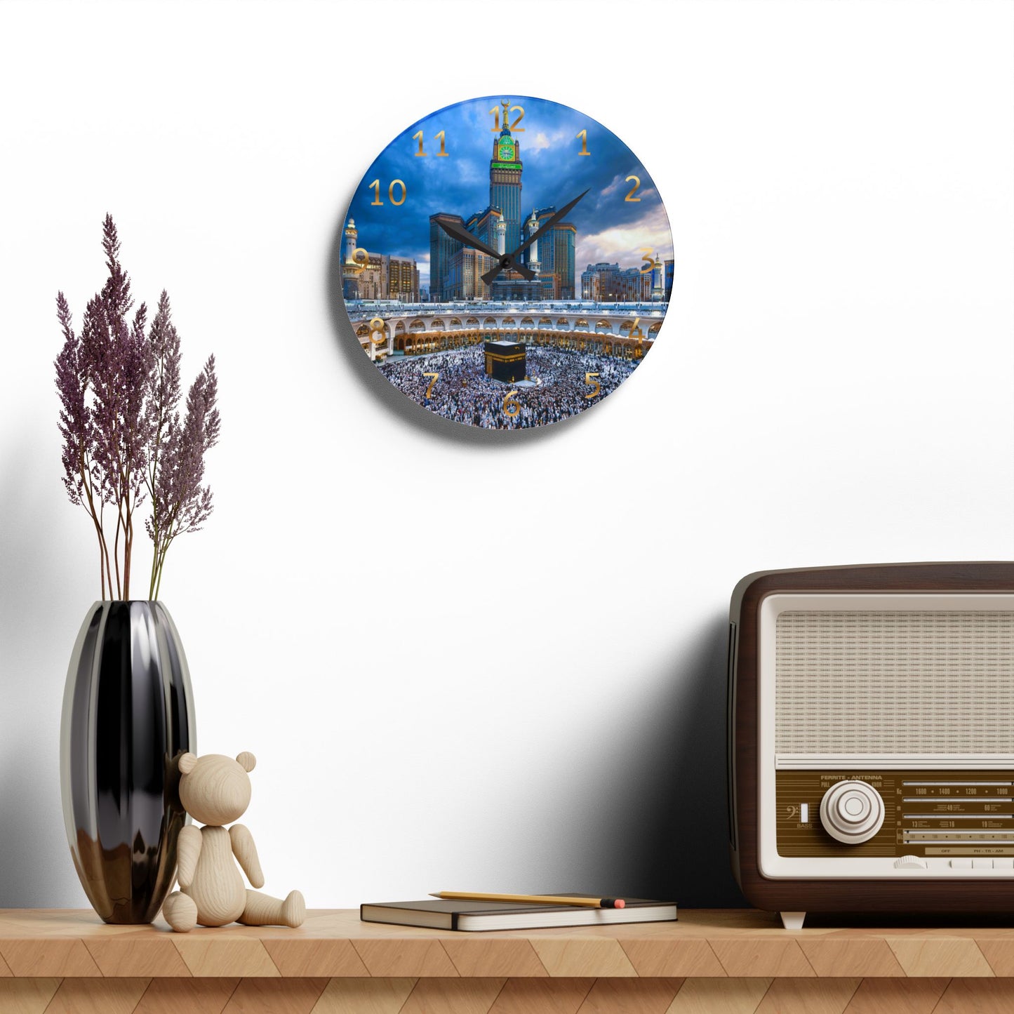 Kaaba Acrylic Wall Clock -Gold English Numerals