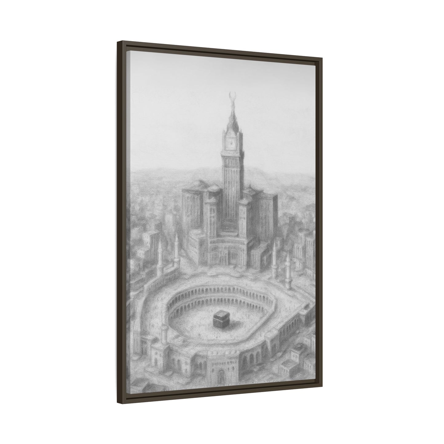 Black & White Kaaba & Clock Tower Drawing – Framed Canvas