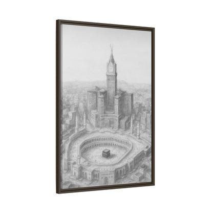 Black & White Kaaba & Clock Tower Drawing – Framed Canvas