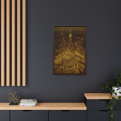 Golden Night Kaaba & Clock Tower – Aerial View Framed Canvas