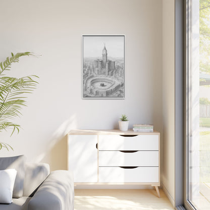Black & White Kaaba & Clock Tower Drawing – Framed Canvas