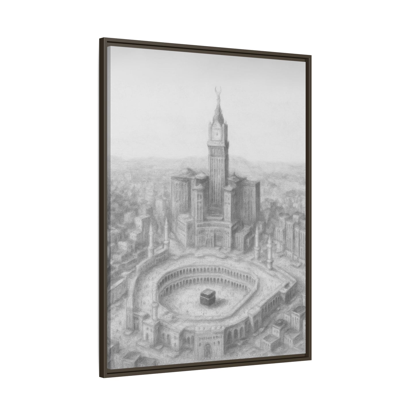 Black & White Kaaba & Clock Tower Drawing – Framed Canvas