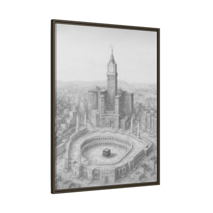 Black & White Kaaba & Clock Tower Drawing – Framed Canvas