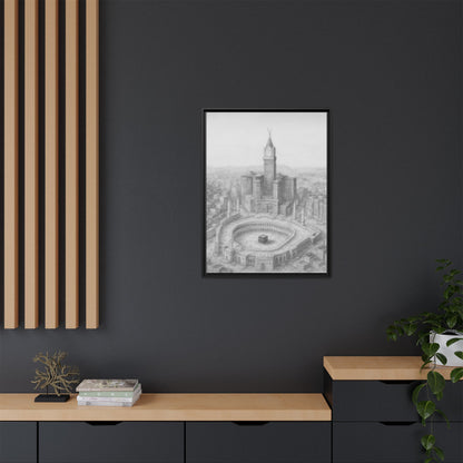 Black & White Kaaba & Clock Tower Drawing – Framed Canvas