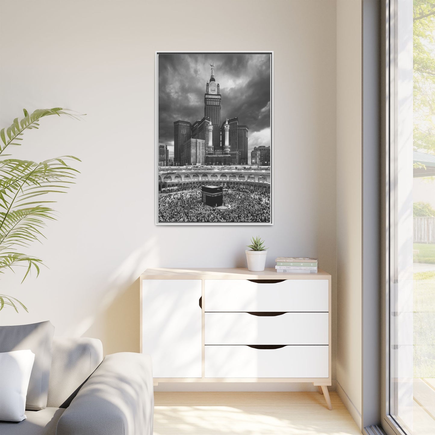 Black & White Makkah Clock Tower & Kaaba – Framed Canvas