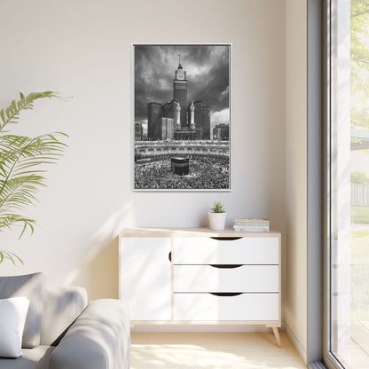 Black & White Makkah Clock Tower & Kaaba – Framed Canvas