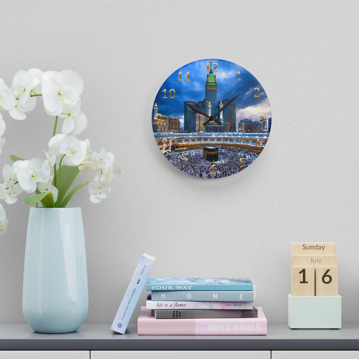 Kaaba Acrylic Wall Clock -Gold English Numerals