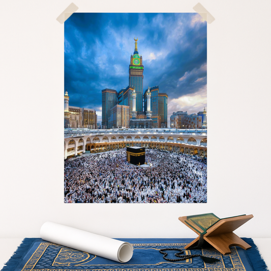 Kaaba & Clock Tower Mecca Blue Poster - Islamic Wall Art Print