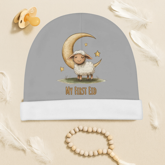 My First Eid Baby Beanie – Cute Sheep & Moon, Islamic Gift - Light Grey