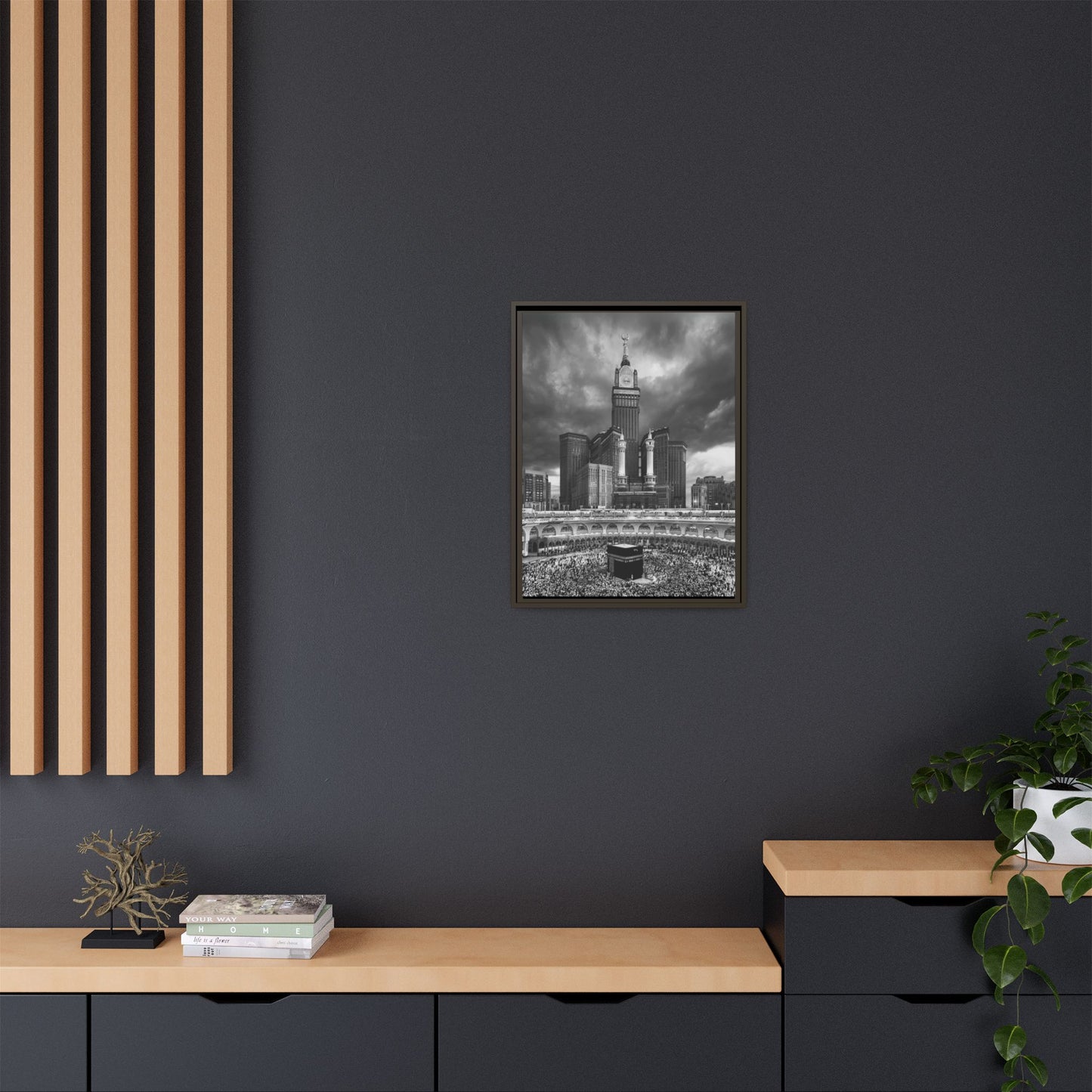 Black & White Makkah Clock Tower & Kaaba – Framed Canvas