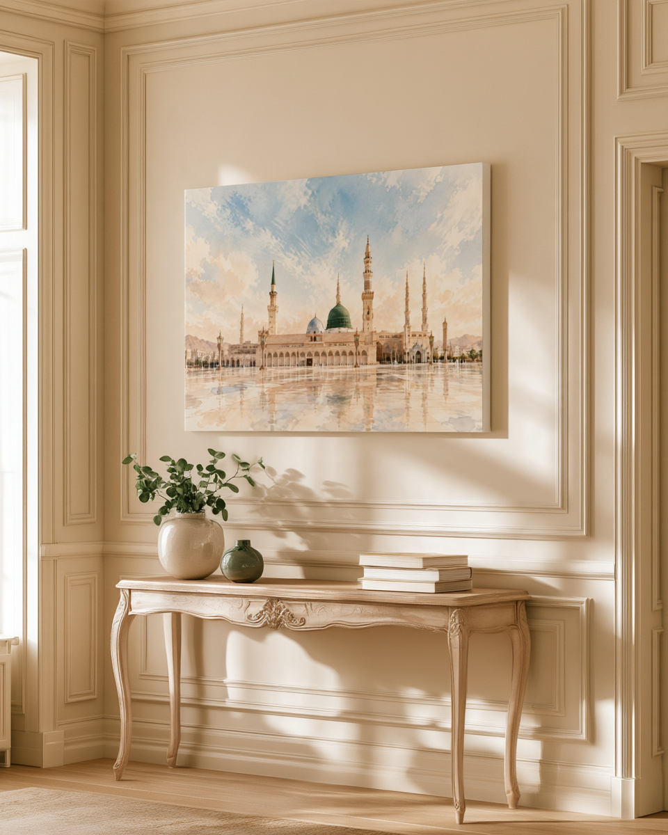 Masjid Nabawi Watercolor Canvas Wall Art – Islamic Home Decor, Medina Mosque Print