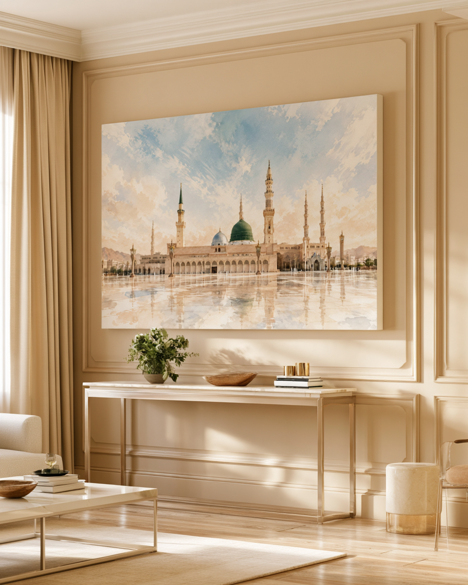 Masjid Nabawi Watercolor Canvas Wall Art – Islamic Home Decor, Medina Mosque Print
