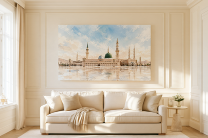 Masjid Nabawi Watercolor Canvas Wall Art – Islamic Home Decor, Medina Mosque Print
