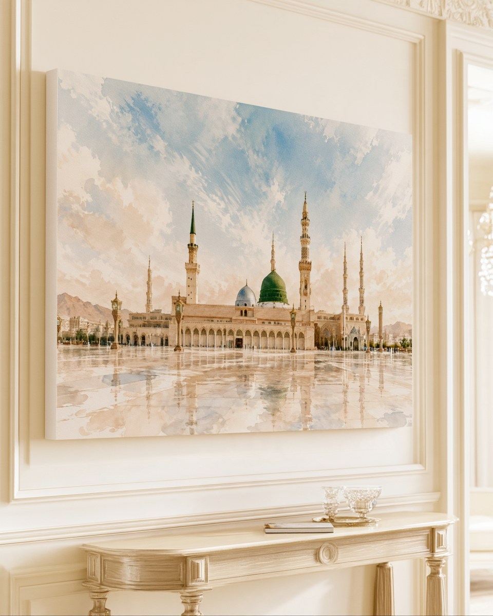 Masjid Nabawi Watercolor Canvas Wall Art – Islamic Home Decor, Medina Mosque Print