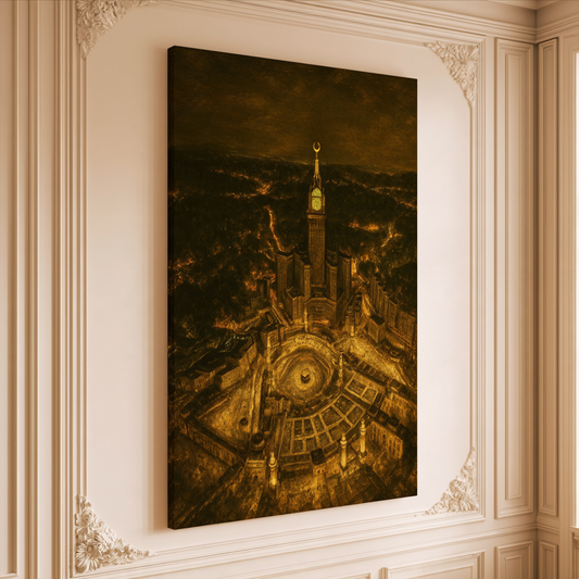 Kaaba Under the Night Sky Canvas Wall Art – Mecca Clock Tower Islamic Decor