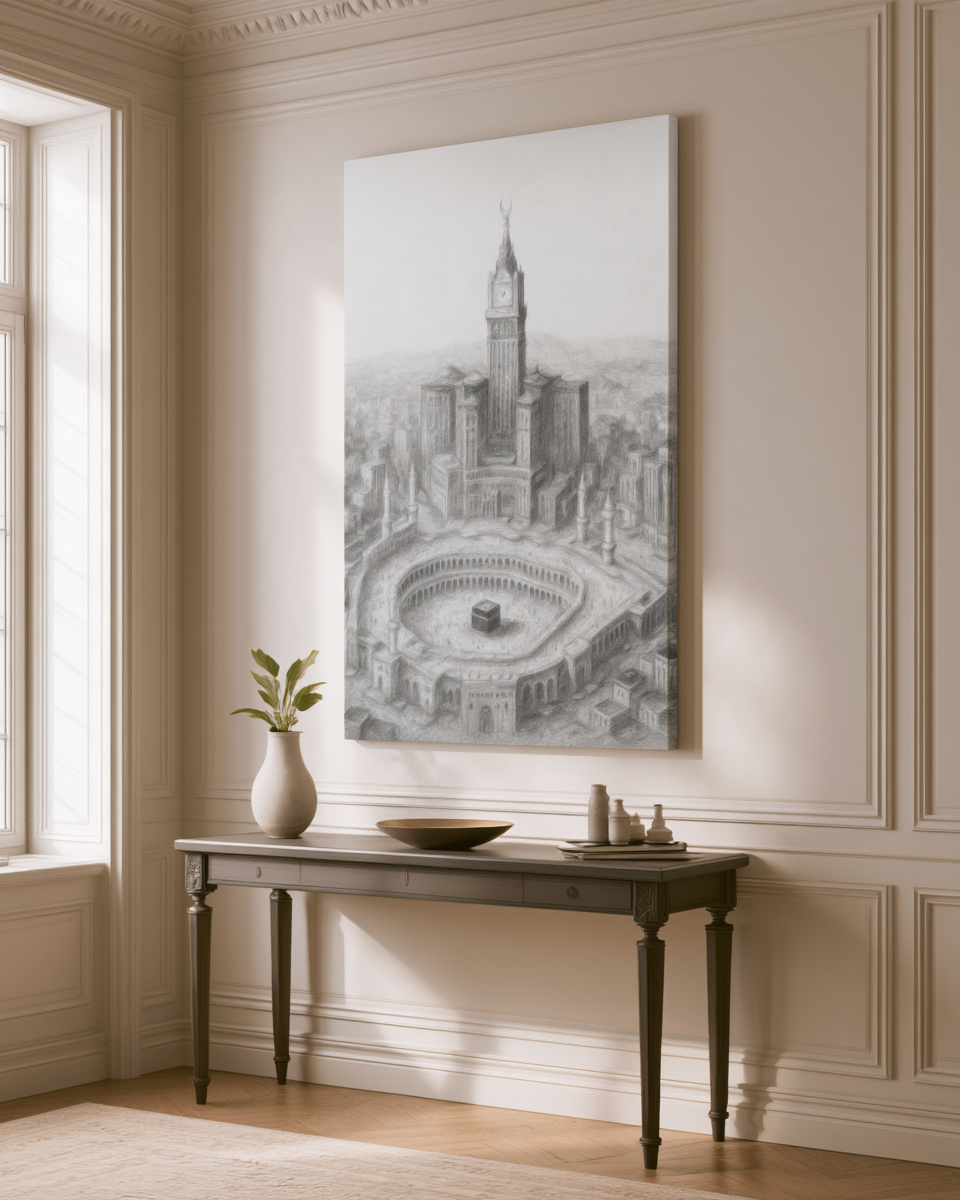 Makkah Skyline Canvas Wall Art – Kaaba & Clock Tower Islamic Decor