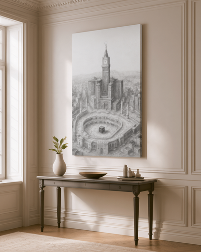 Makkah Skyline Canvas Wall Art – Kaaba & Clock Tower Islamic Decor