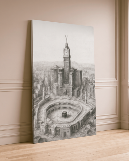 Makkah Skyline Canvas Wall Art – Kaaba & Clock Tower Islamic Decor
