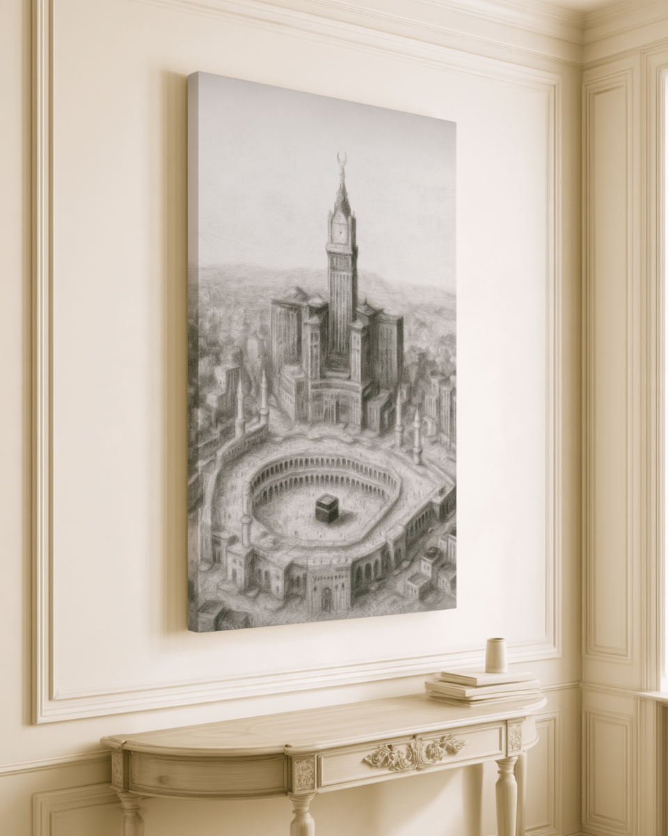 Makkah Skyline Canvas Wall Art – Kaaba & Clock Tower Islamic Decor