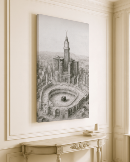 Makkah Skyline Canvas Wall Art – Kaaba & Clock Tower Islamic Decor