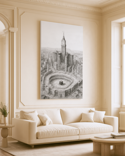 Makkah Skyline Canvas Wall Art – Kaaba & Clock Tower Islamic Decor