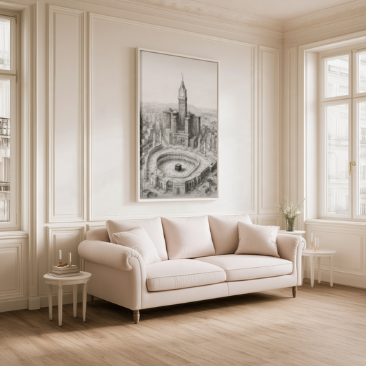 Black & White Kaaba Framed Canvas – Makkah Clock Tower Islamic Wall Art