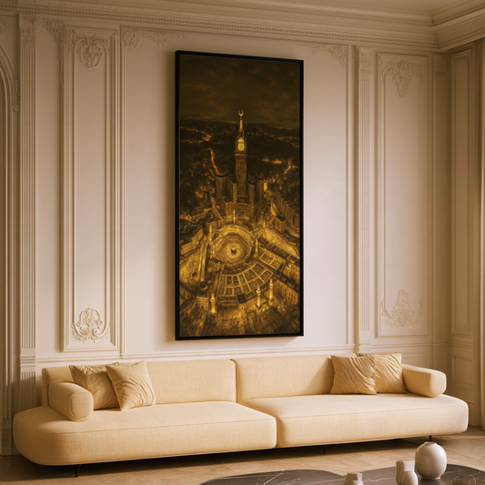 Golden Night Kaaba & Clock Tower Framed Canvas – Makkah Islamic Wall Art