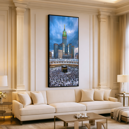 Blue Skies Kaaba & Clock Tower Framed Canvas – Makkah Islamic Wall Art