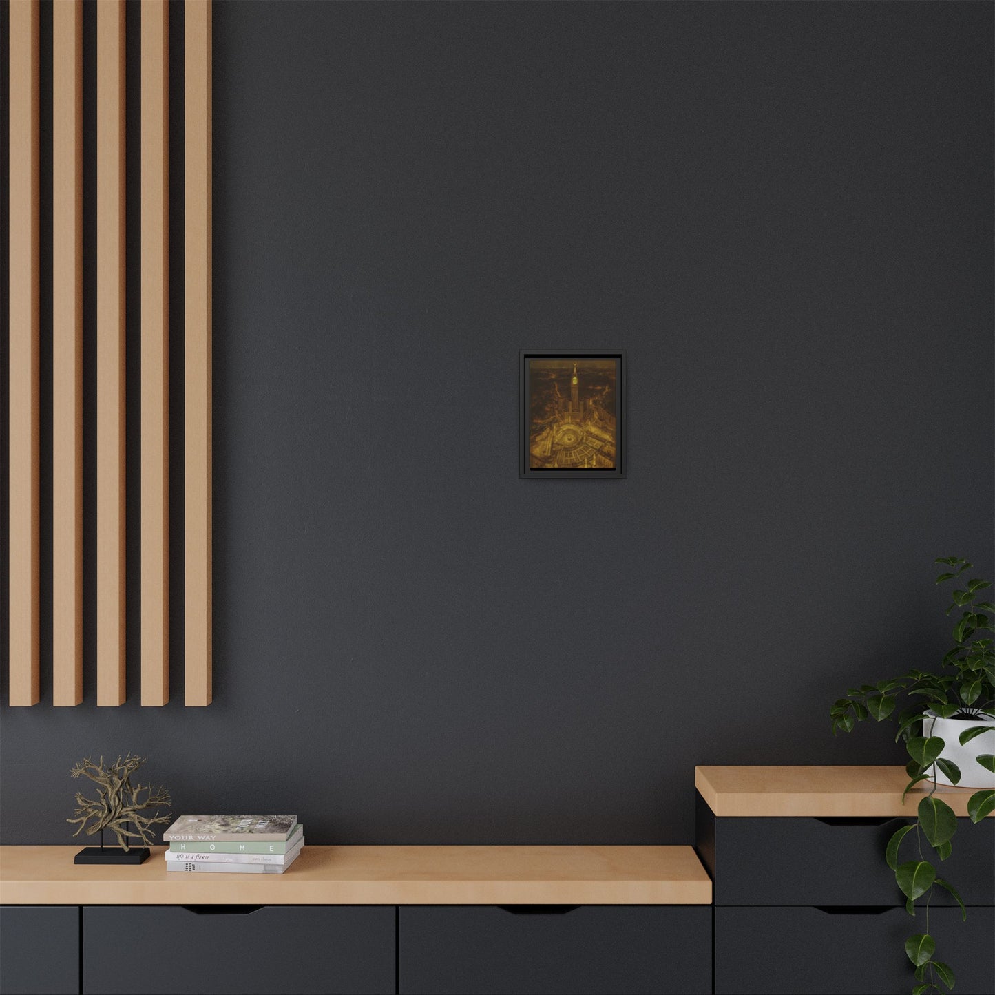 Golden Night Kaaba & Clock Tower – Aerial View Framed Canvas