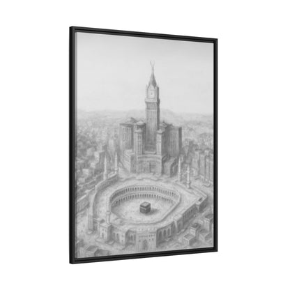 Black & White Kaaba & Clock Tower Drawing – Framed Canvas