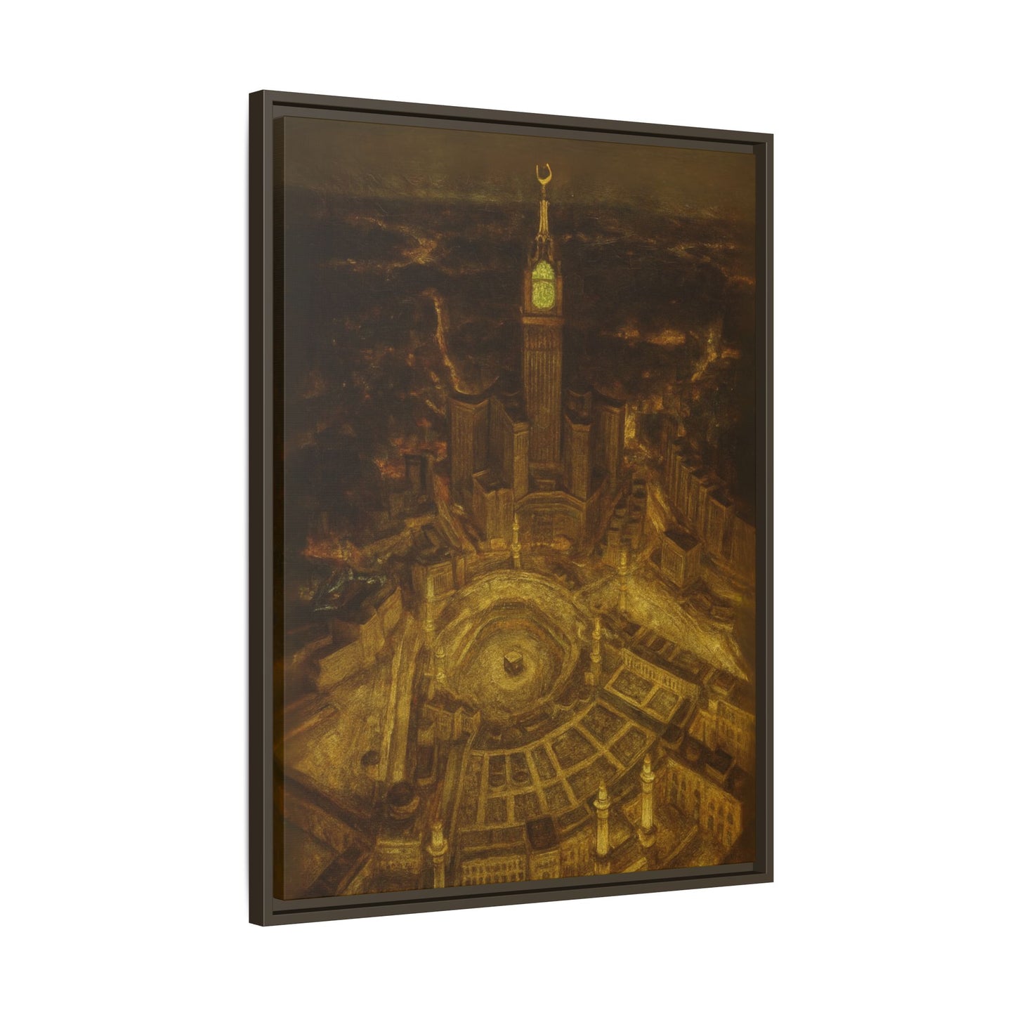 Golden Night Kaaba & Clock Tower – Aerial View Framed Canvas