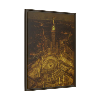 Golden Night Kaaba & Clock Tower – Aerial View Framed Canvas