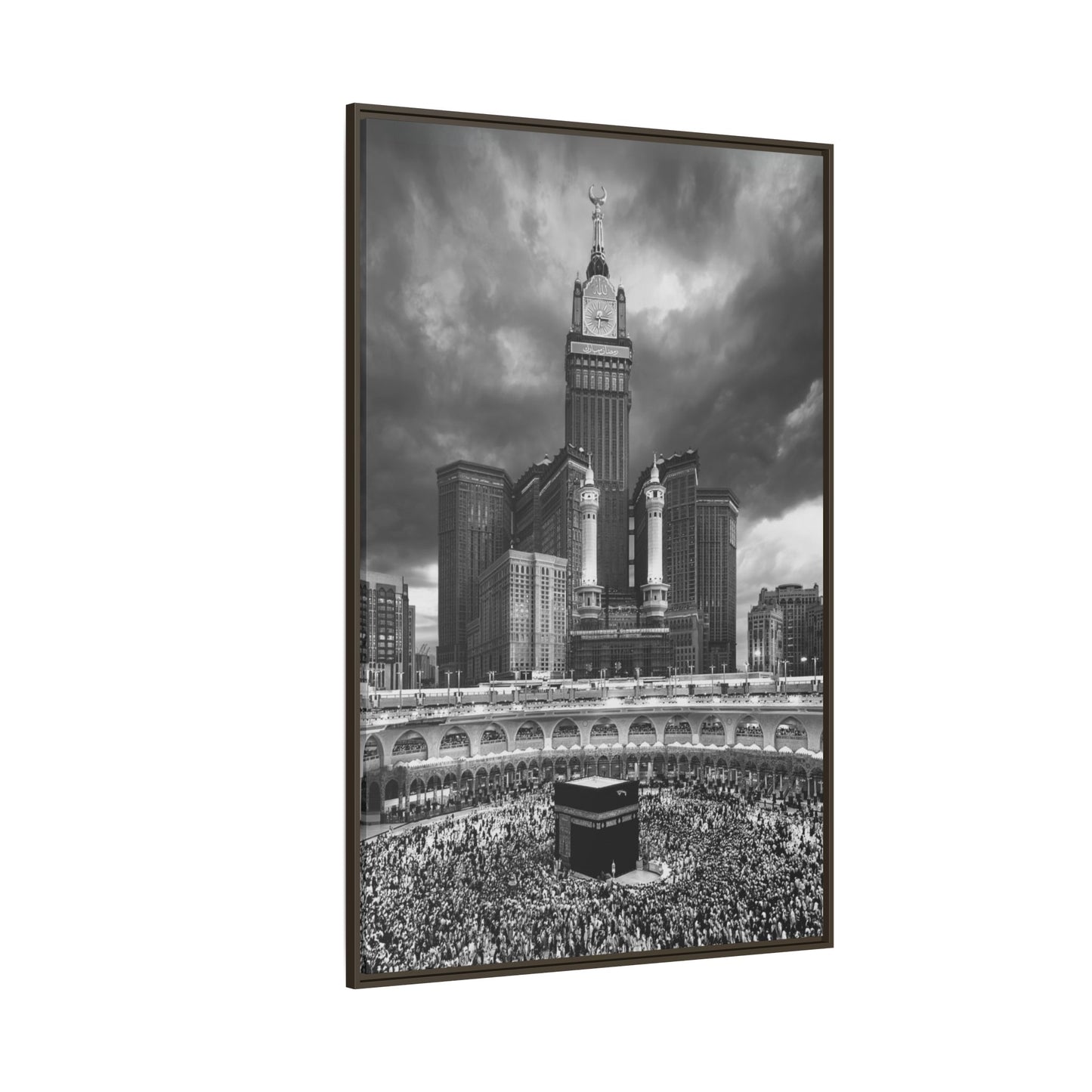 Black & White Makkah Clock Tower & Kaaba – Framed Canvas