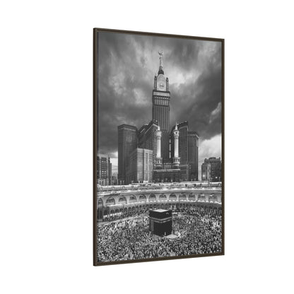 Black & White Makkah Clock Tower & Kaaba – Framed Canvas