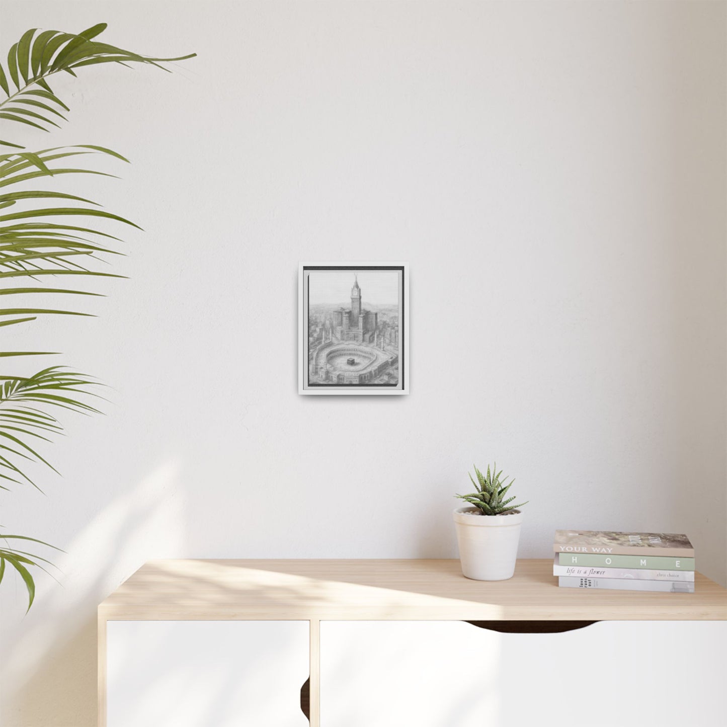 Black & White Kaaba & Clock Tower Drawing – Framed Canvas