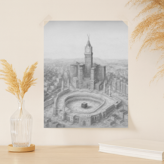 Black and White Kaaba & Clock Tower Poster - Islamic Wall Art Print