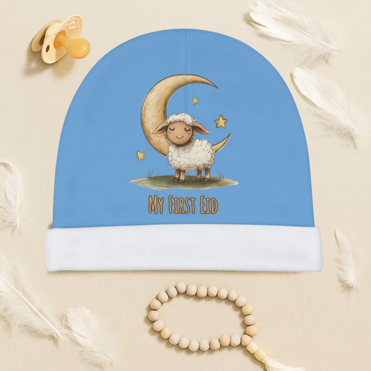 My First Eid Baby Beanie – Cute Sheep & Moon, Islamic Gift- Light Blue